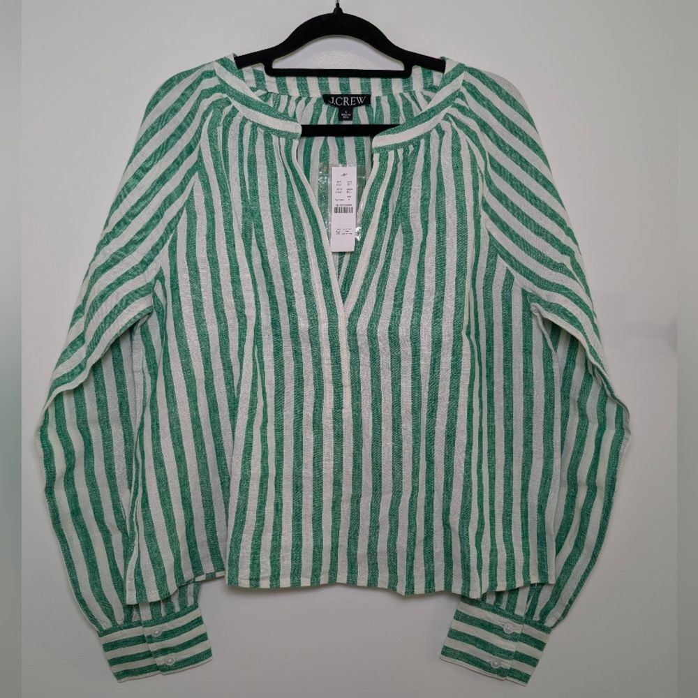 J.Crew NWT Green Striped Cabana Linen Top S Coastal Preppy Spring Minimalist - Picture 2 of 8
